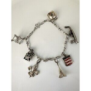 Vintage Sterling Silver Monaco Bell Eiffel Tower Charm Bracelet 7”